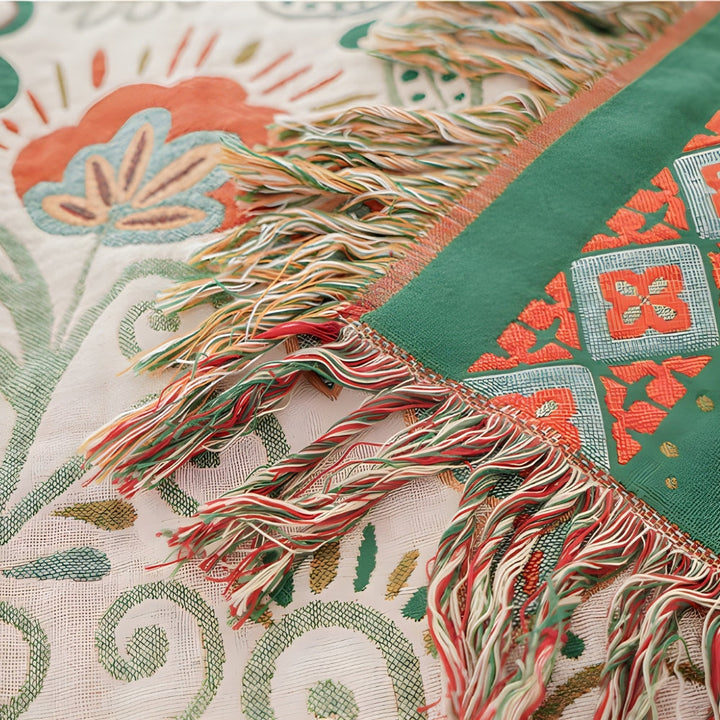 Boho Cotton Throw | Folk Art Pattern with Tassels