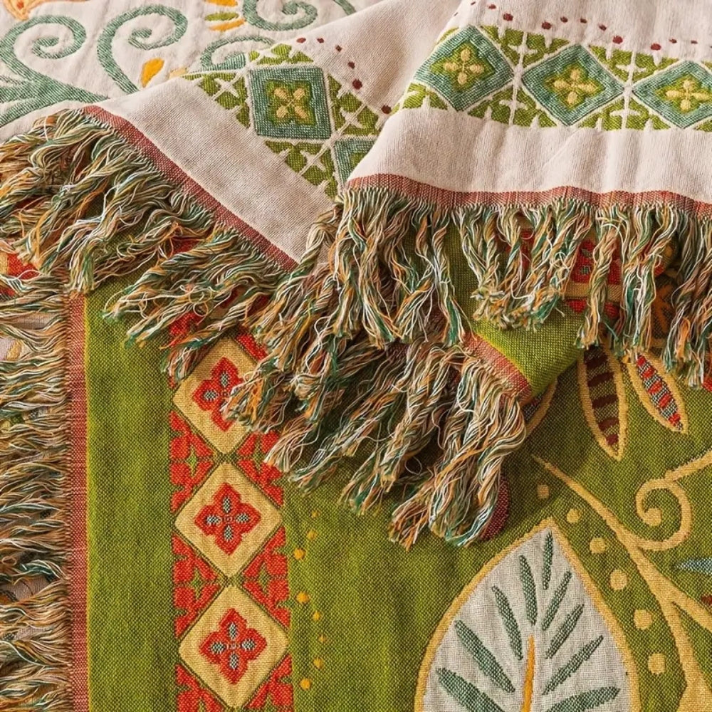Boho Cotton Throw | Folk Art Pattern with Tassels