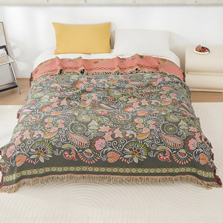 Boho Cotton Throw | Folk Art Pattern with Tassels