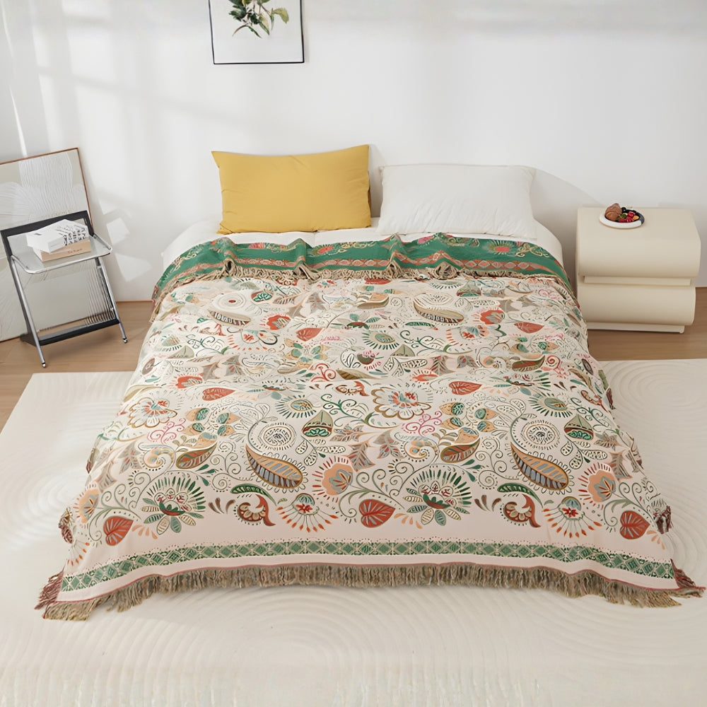 Boho Cotton Throw | Folk Art Pattern with Tassels