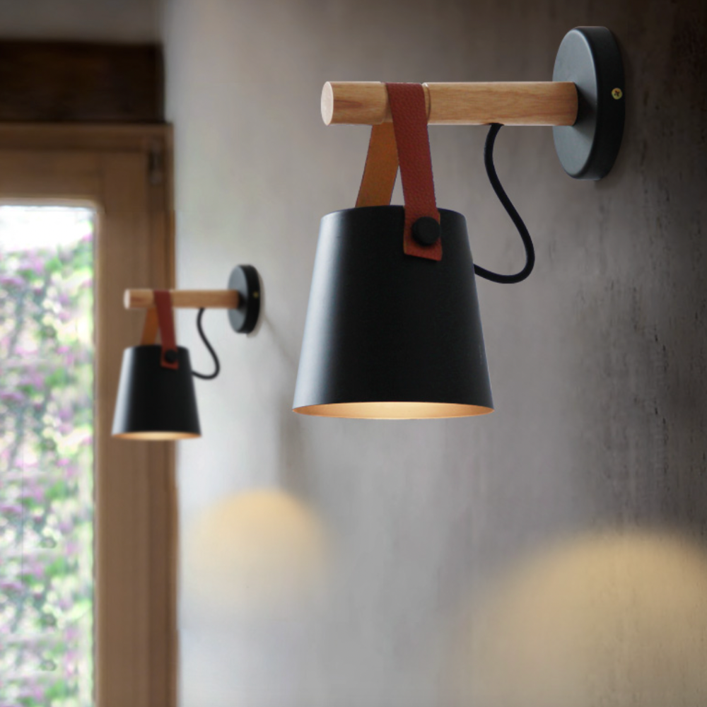 Wood Bar Wall Light with Hanging Strap | Black or White Shade