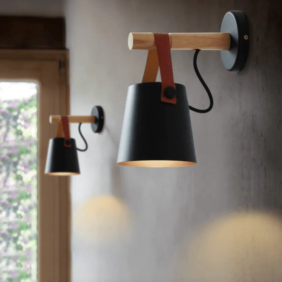Wood Bar Wall Light with Hanging Strap | Black or White Shade
