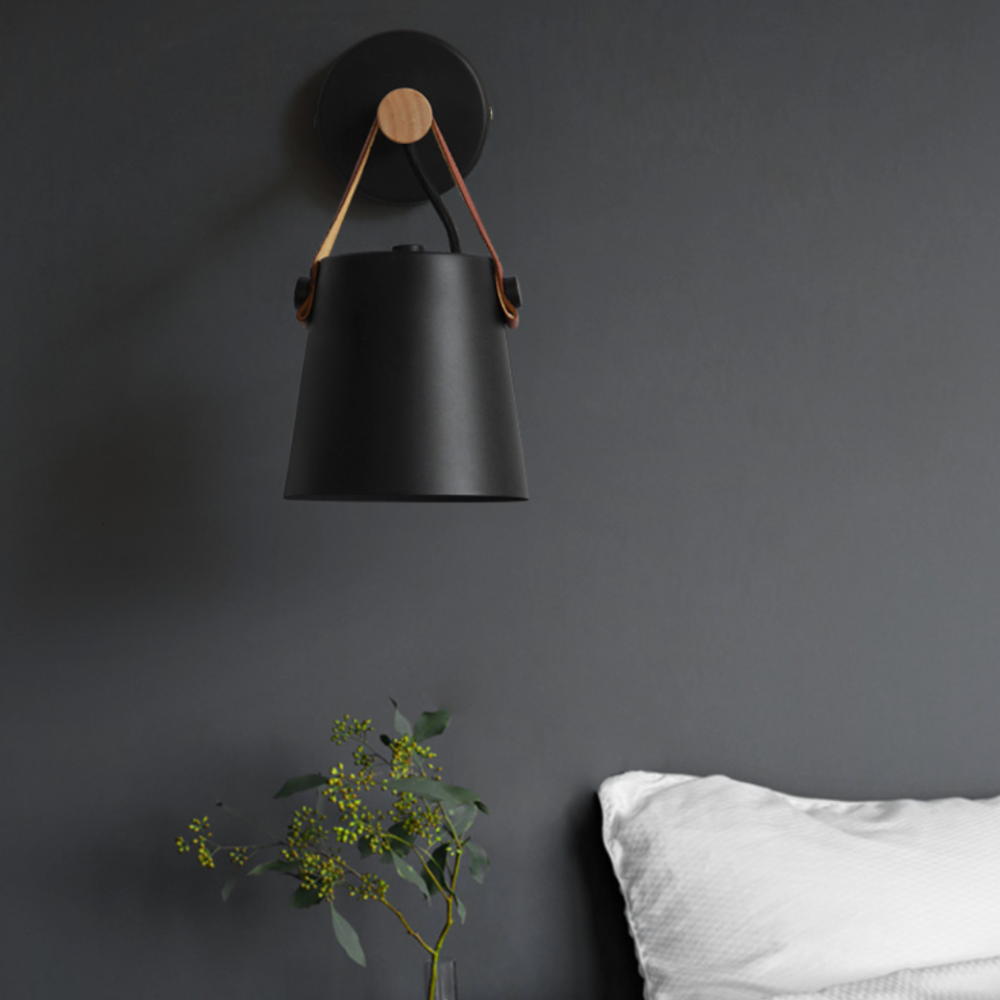 Wood Bar Wall Light with Hanging Strap | Black or White Shade