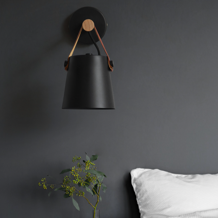 Wood Bar Wall Light with Hanging Strap | Black or White Shade