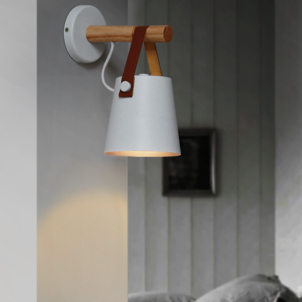 Wood Bar Wall Light with Hanging Strap | Black or White Shade