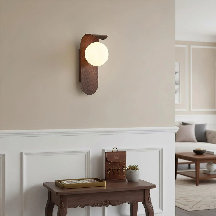Wood Wall Light With Opal Globe Shade, view 2