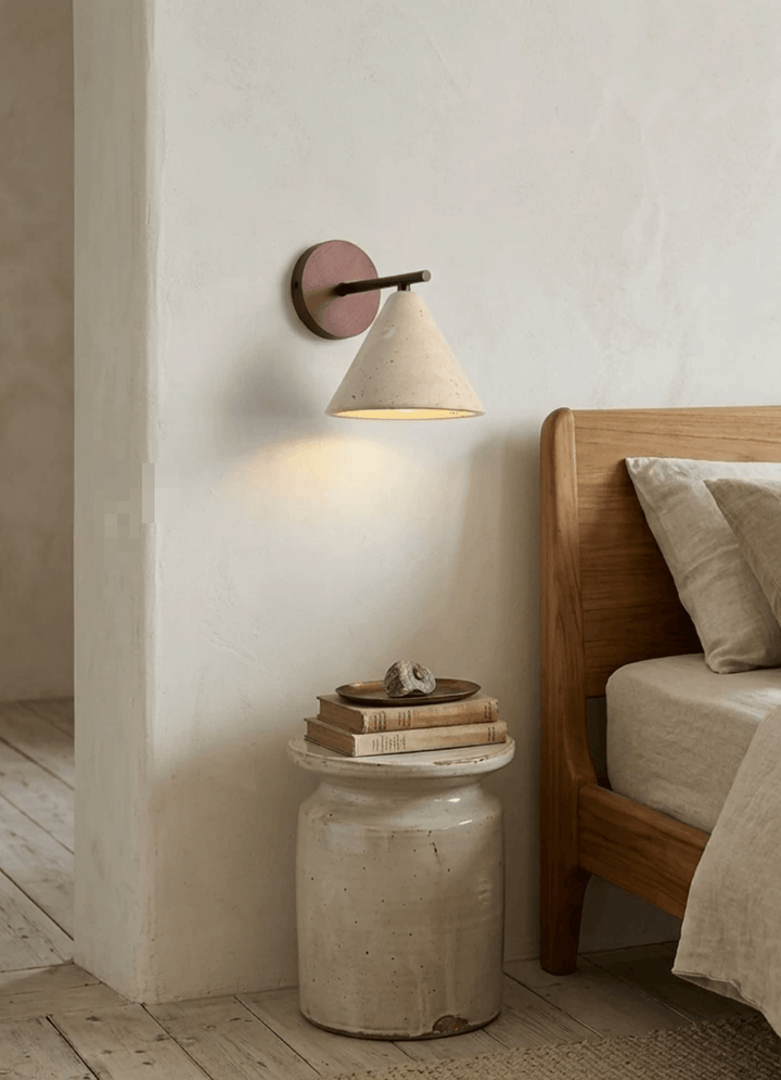 Travertine Cone Wall Light | Walnut Backplate, Black Arm