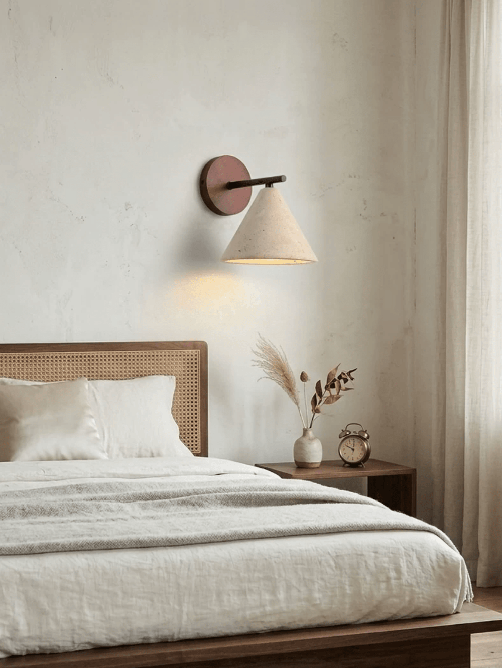 Travertine Cone Wall Light | Walnut Backplate, Black Arm
