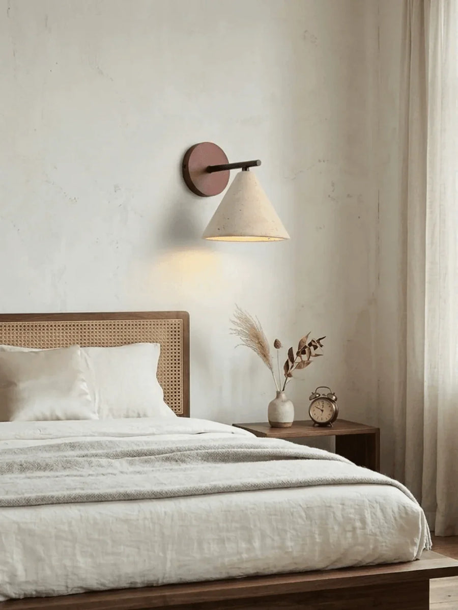 Travertine Cone Wall Light | Walnut Backplate, Black Arm