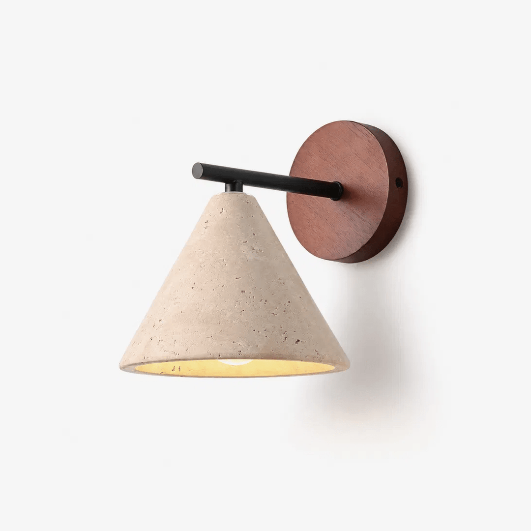 Travertine Cone Wall Light | Walnut Backplate, Black Arm
