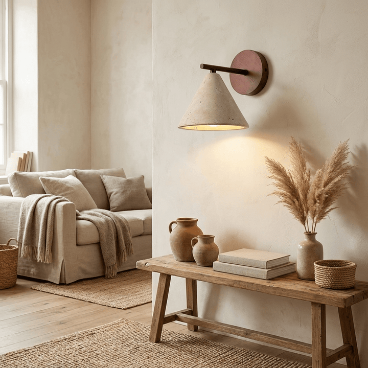 Travertine Cone Wall Light | Walnut Backplate, Black Arm