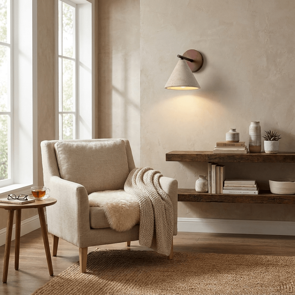 Travertine Cone Wall Light | Walnut Backplate, Black Arm