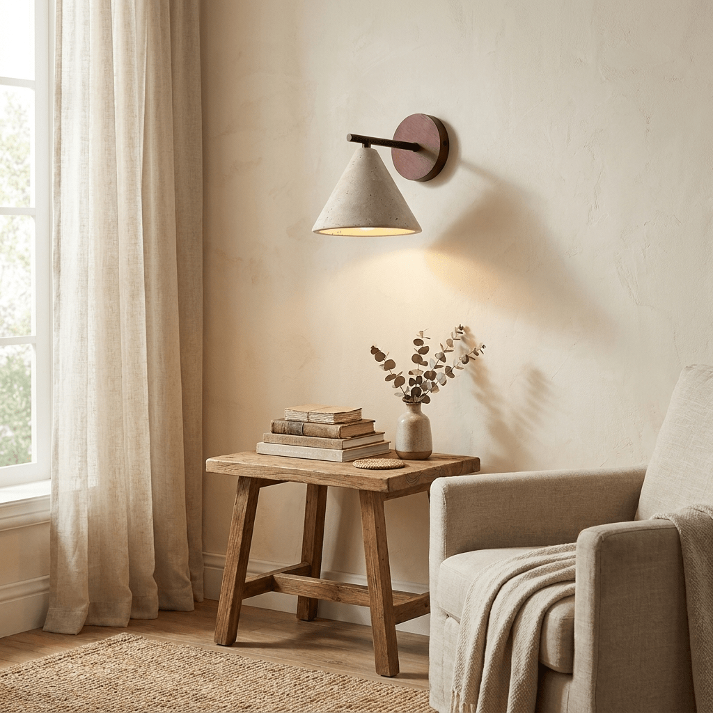 Travertine Cone Wall Light | Walnut Backplate, Black Arm