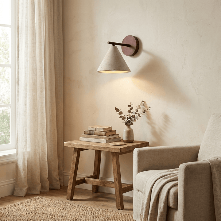 Travertine Cone Wall Light | Walnut Backplate, Black Arm