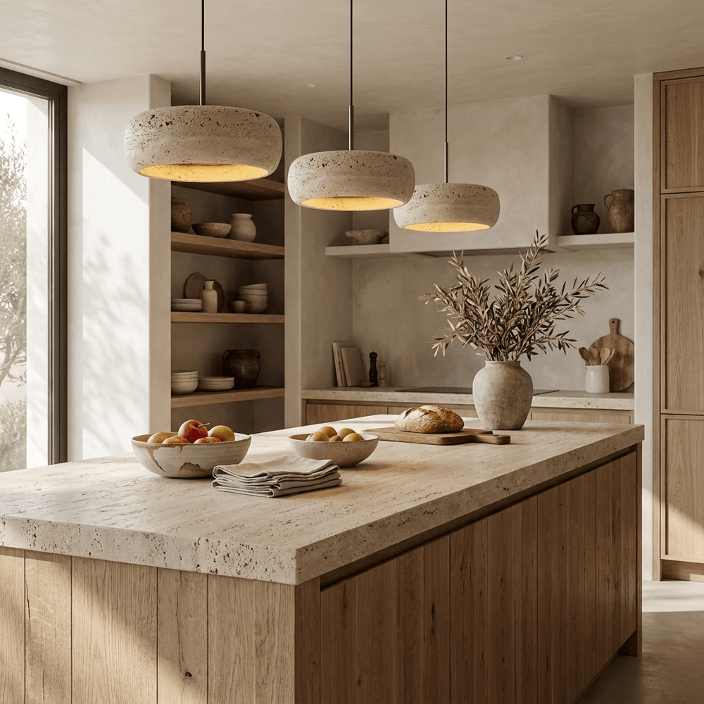 Travertine Ring Pendant Light | Black Downrod, 1 to 3 Heads