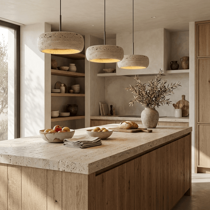 Travertine Ring Pendant Light | Black Downrod, 1 to 3 Heads