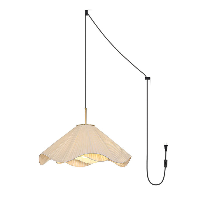 Folded Fabric Plug-In Pendant | Beige Shade, Gold Frame