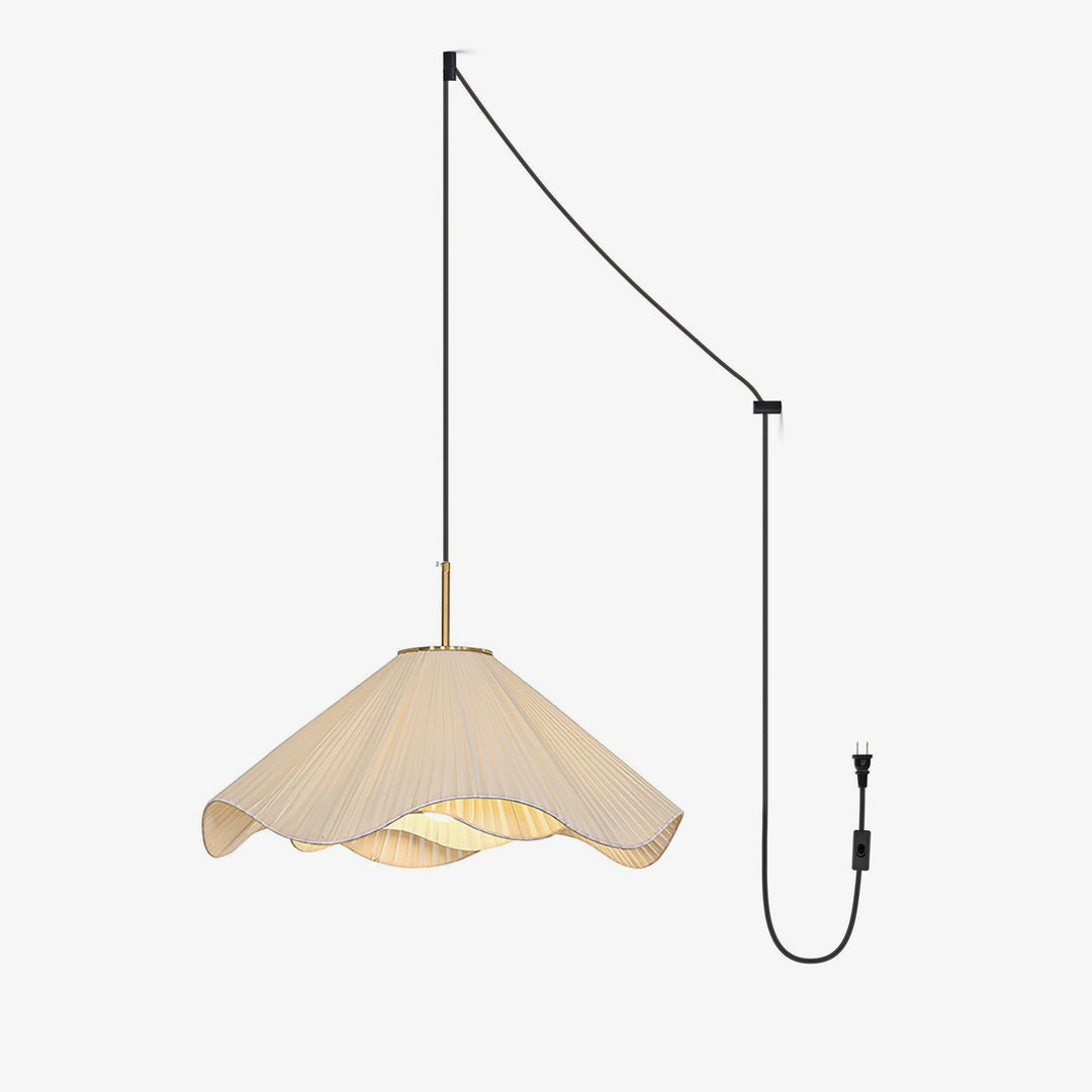 Folded Fabric Plug-In Pendant | Beige Shade, Gold Frame