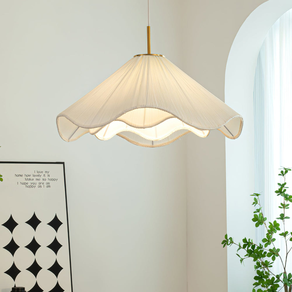 Folded Fabric Plug-In Pendant | Beige Shade, Gold Frame
