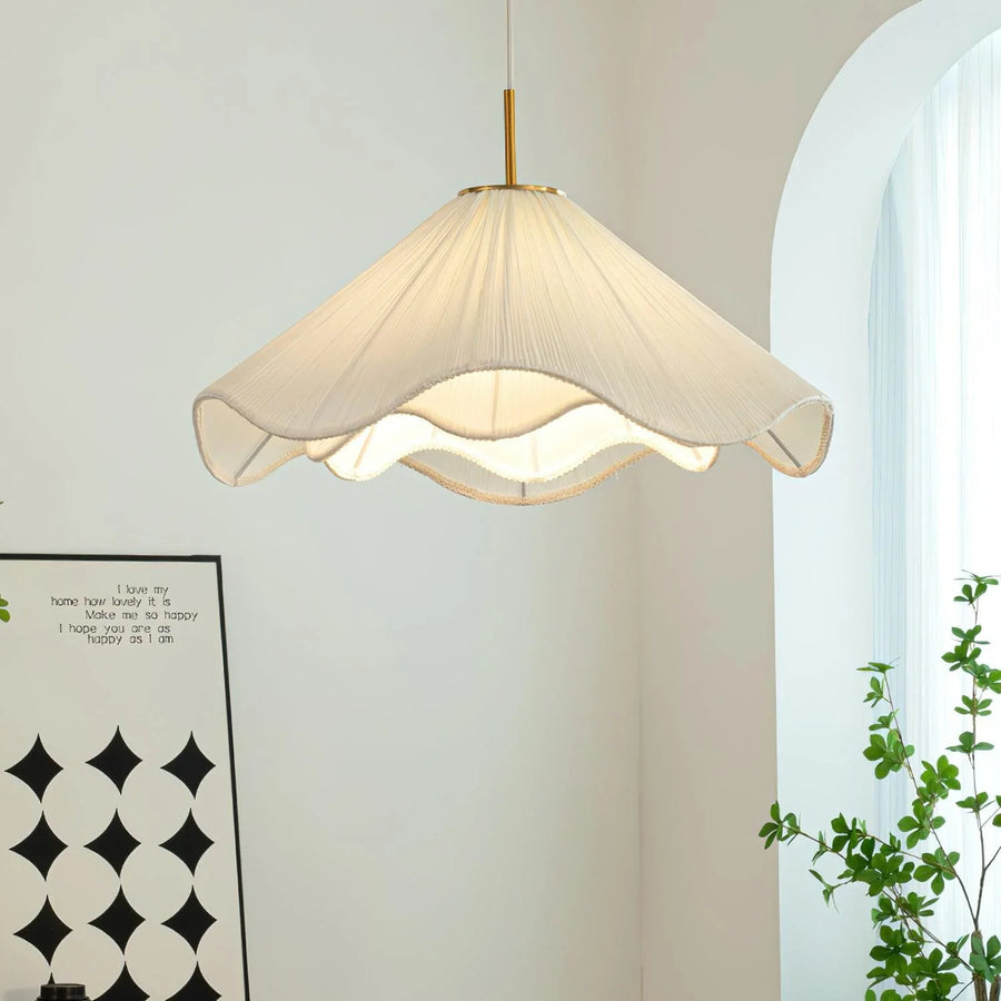 Folded Fabric Plug-In Pendant | Beige Shade, Gold Frame