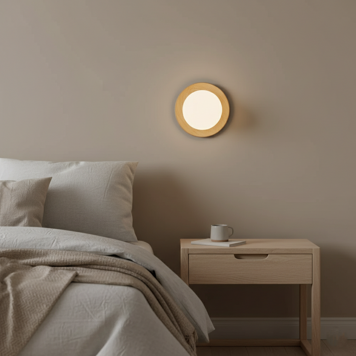Natural Wood Wall Light with Opal Globe | Walnut or Oak Tone