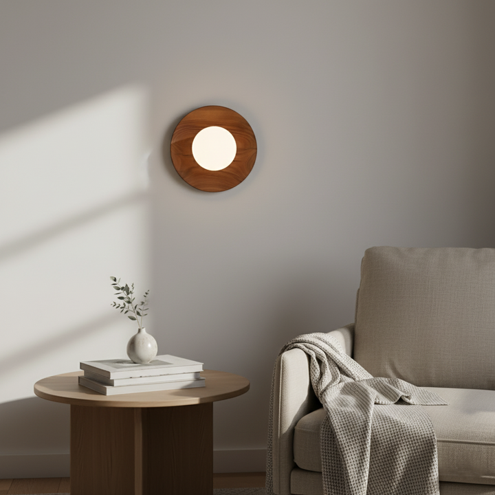 Natural Wood Wall Light with Opal Globe | Walnut or Oak Tone