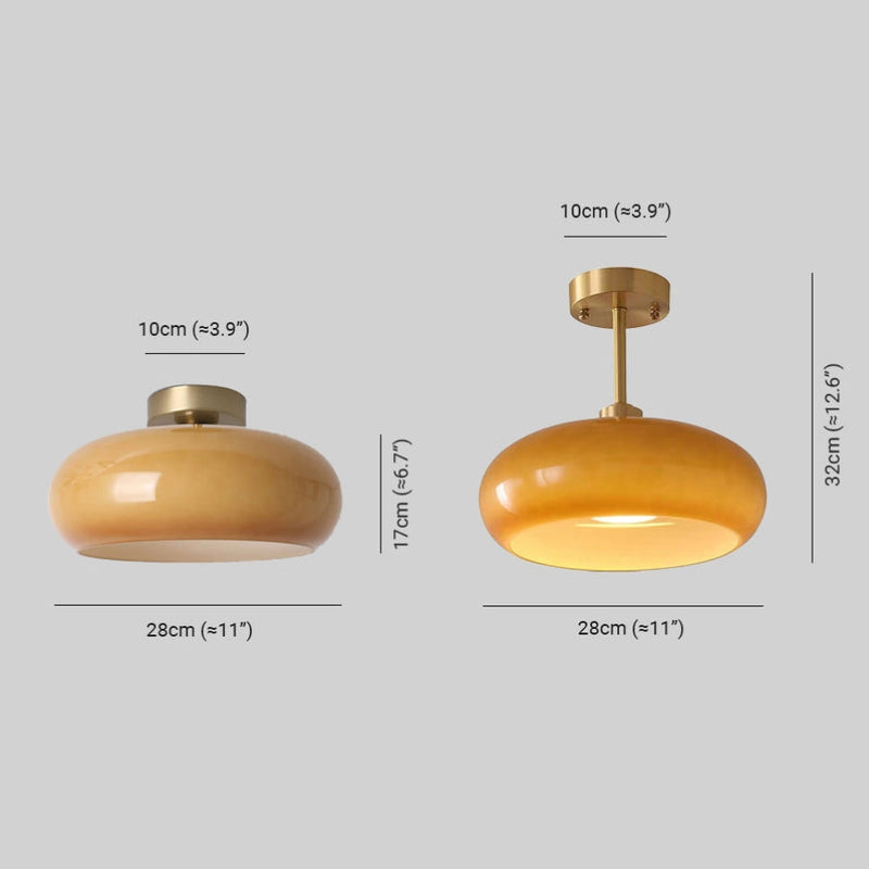 Vintage Amber Glass Flush Mount Ceiling Light With Brass Canopy