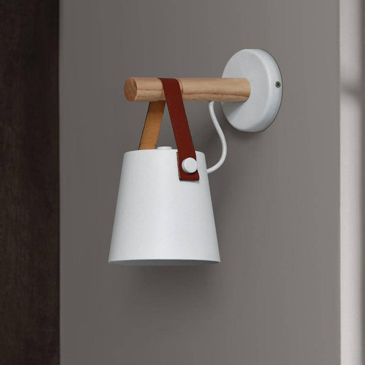 Wood Bar Wall Light with Hanging Strap | Black or White Shade