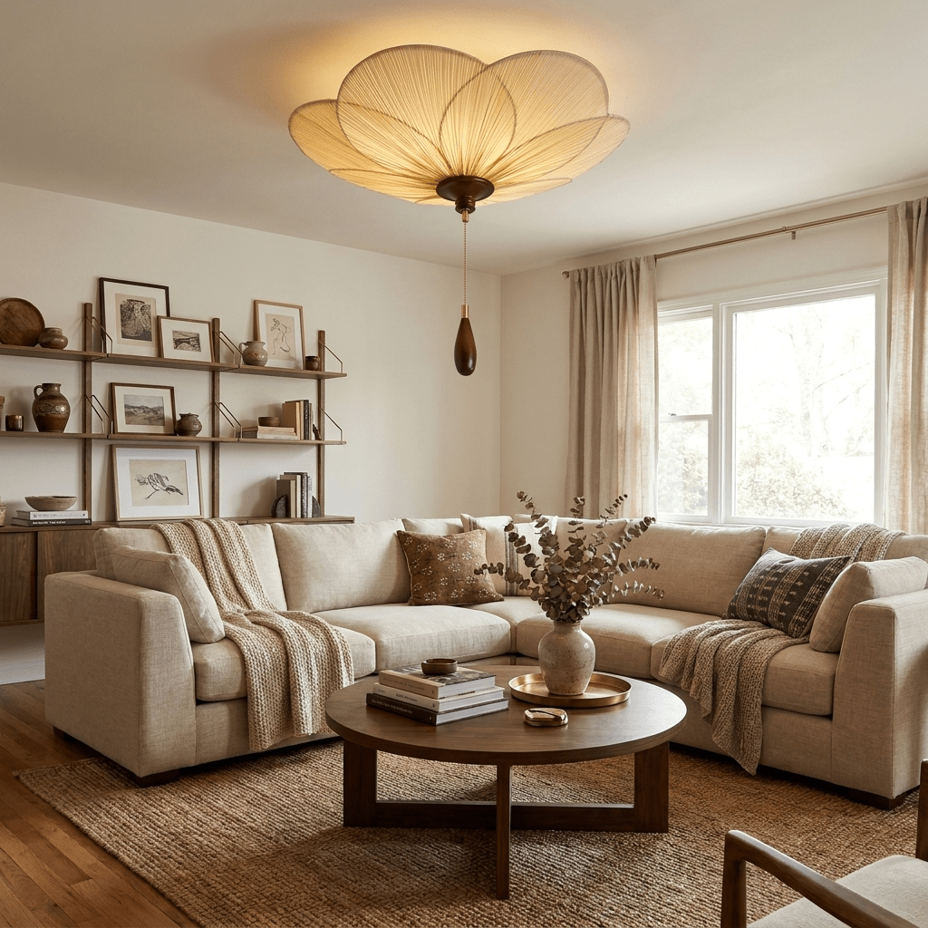 Pleated Petal Ceiling Light | Walnut Finish, Beige Shade