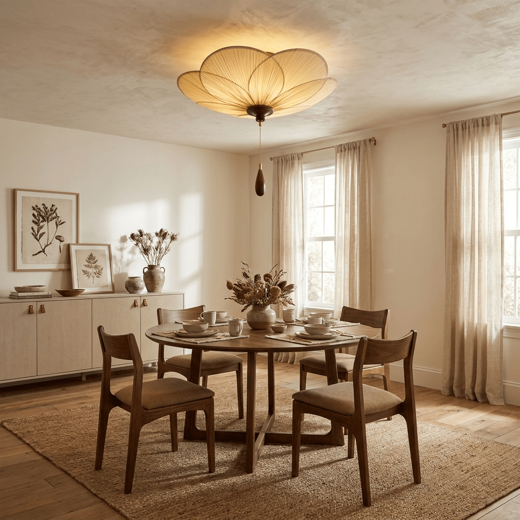 Pleated Petal Ceiling Light | Walnut Finish, Beige Shade