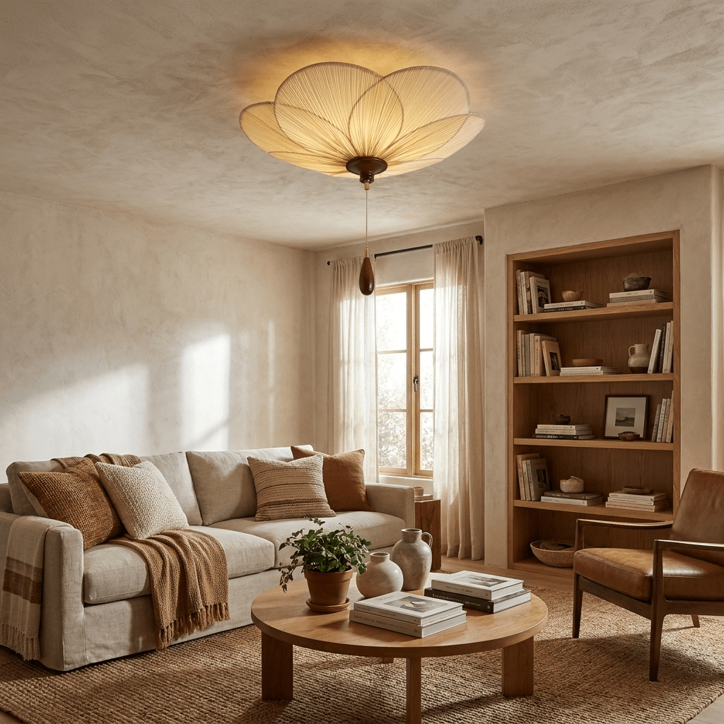Pleated Petal Ceiling Light | Walnut Finish, Beige Shade