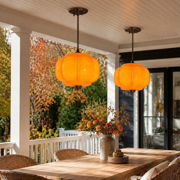 Lumi Antique Brass Green Glass Pumpkin Semi-Flush Mount Eloise Pendant