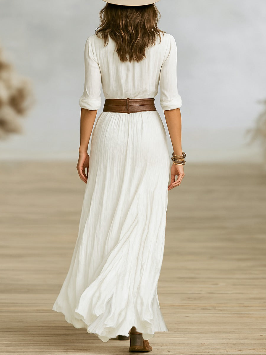 Women's Pleated Belted Lapel Summer Dress – image 7