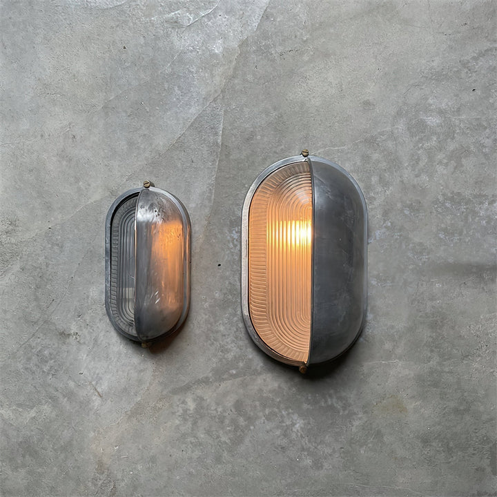 Bulkhead Outdoor Wall Light | Galvanised Silver or Brass, Ribbed Glass