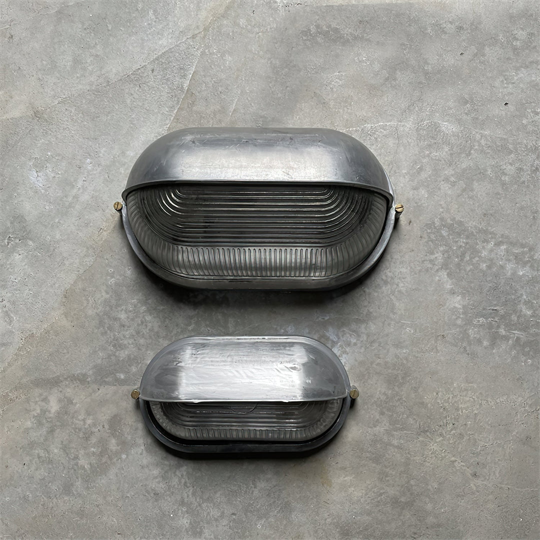 Bulkhead Outdoor Wall Light | Galvanised Silver or Brass, Ribbed Glass