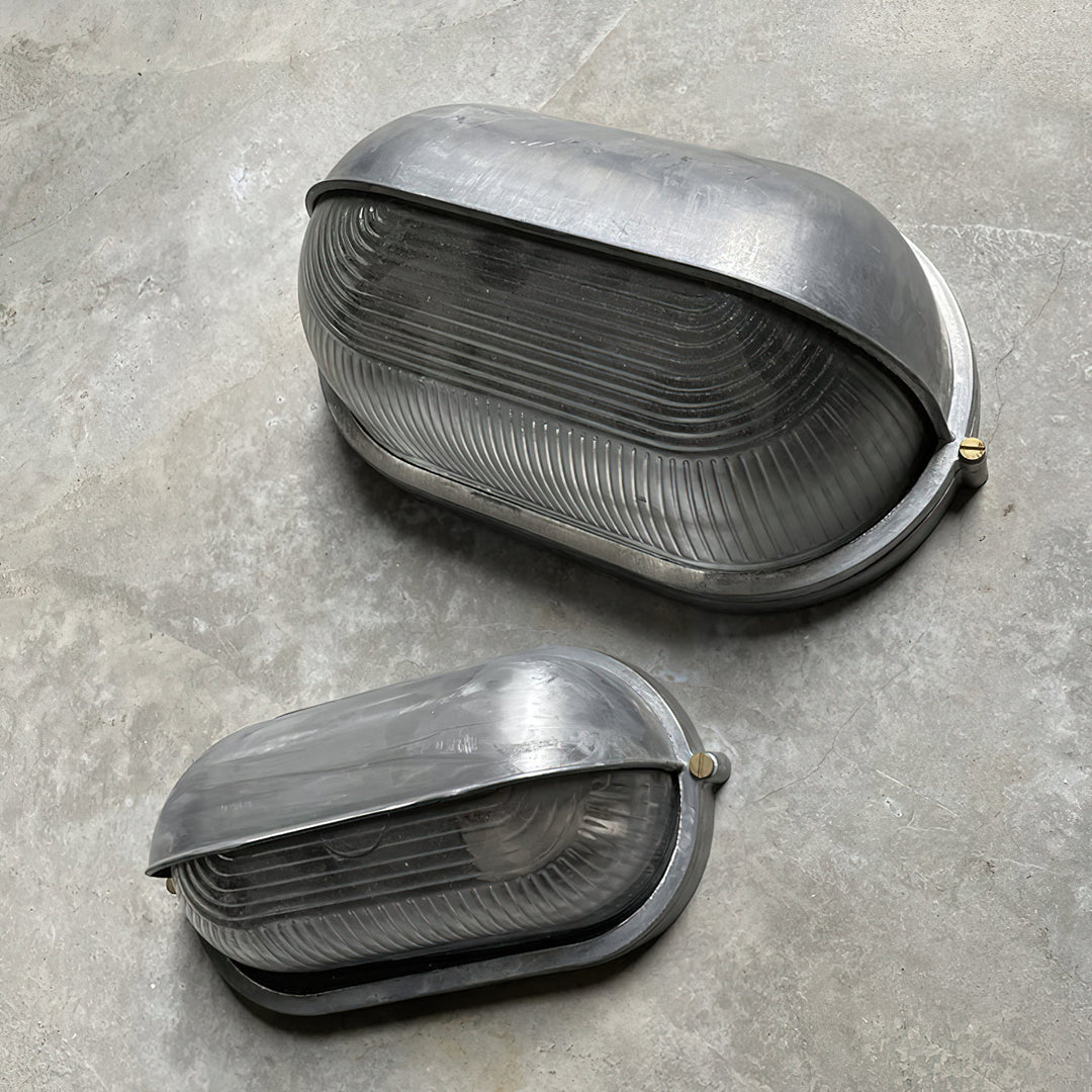 Bulkhead Outdoor Wall Light | Galvanised Silver or Brass, Ribbed Glass