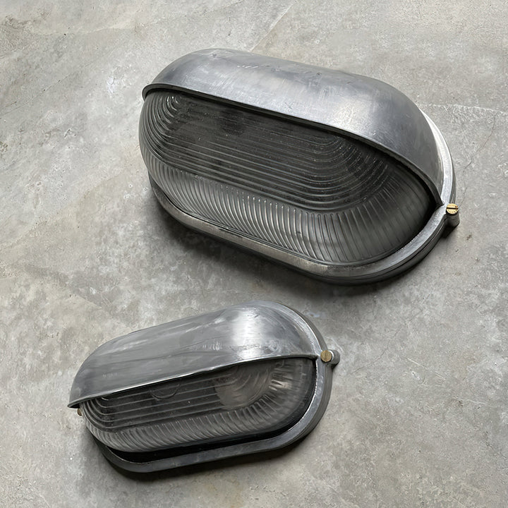 Bulkhead Outdoor Wall Light | Galvanised Silver or Brass, Ribbed Glass
