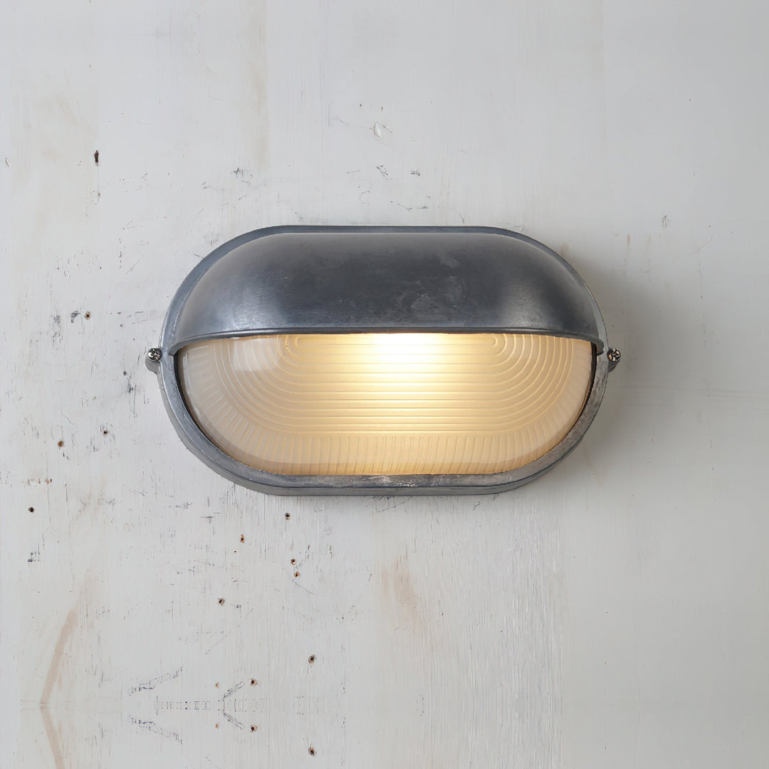 Bulkhead Outdoor Wall Light | Galvanised Silver or Brass, Ribbed Glass