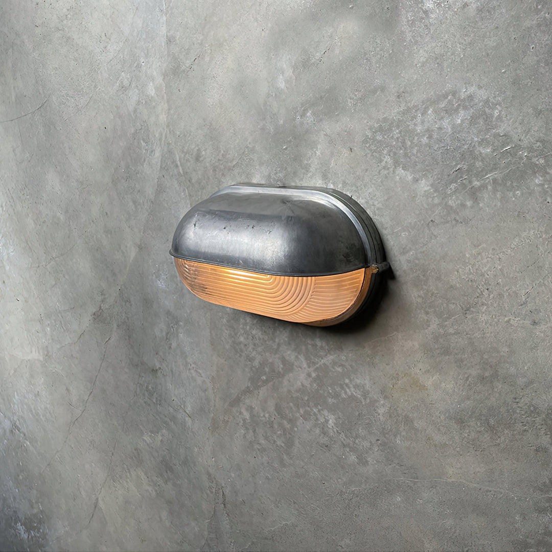 Bulkhead Outdoor Wall Light | Galvanised Silver or Brass, Ribbed Glass