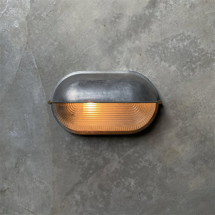 Bulkhead Outdoor Wall Light | Galvanised Silver or Brass, Ribbed Glass