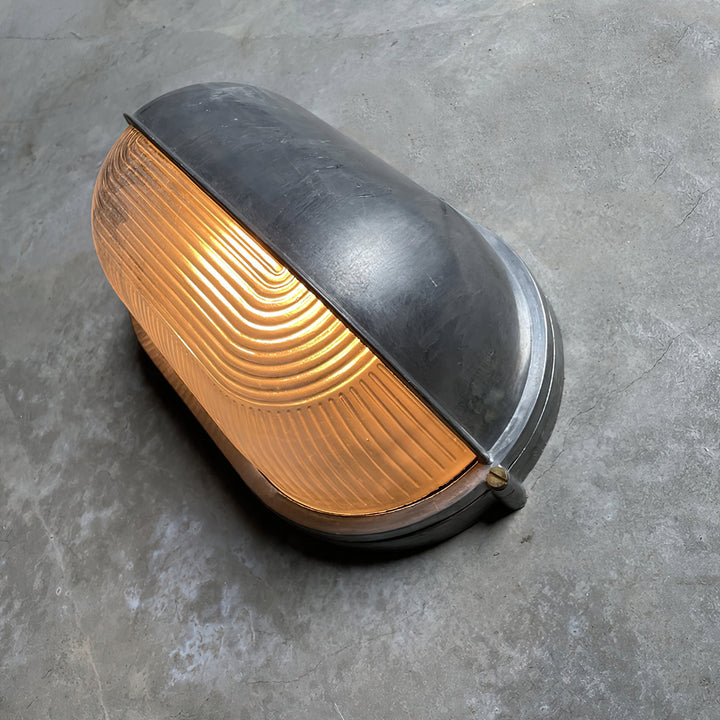 Bulkhead Outdoor Wall Light | Galvanised Silver or Brass, Ribbed Glass
