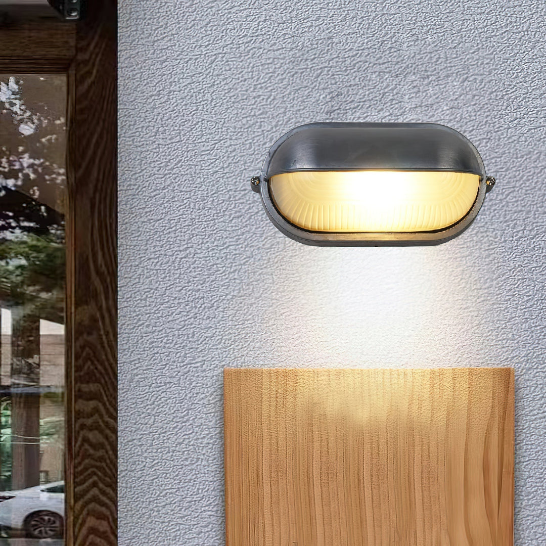 Bulkhead Outdoor Wall Light | Galvanised Silver or Brass, Ribbed Glass