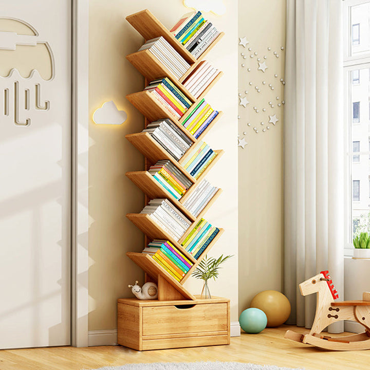 Tree Bookshelf with Drawer | Walnut or Natural, 6 to 12 Tiers