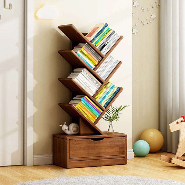 Tree Bookshelf with Drawer | Walnut or Natural, 6 to 12 Tiers