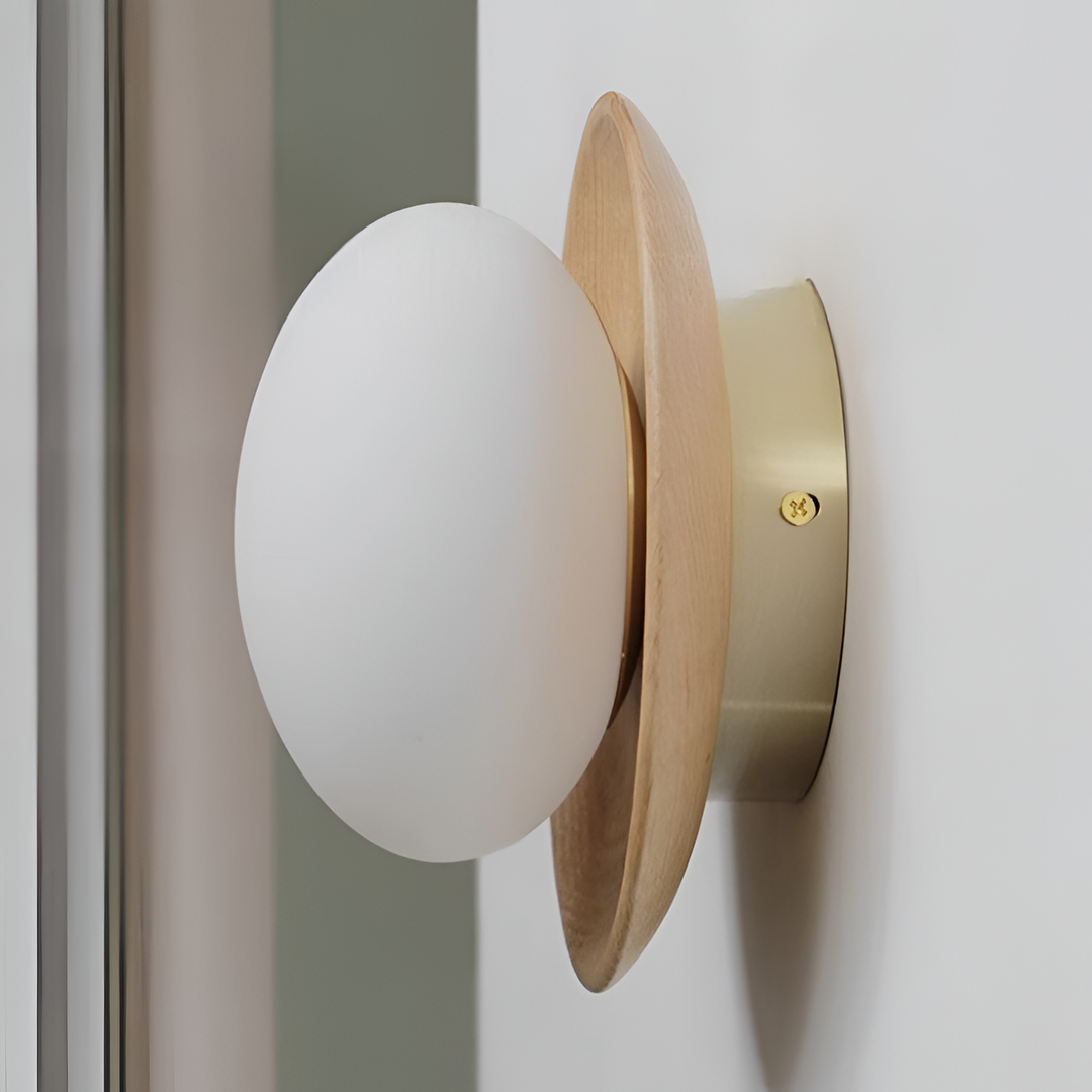 Natural Wood Wall Light with Opal Globe | Walnut or Oak Tone