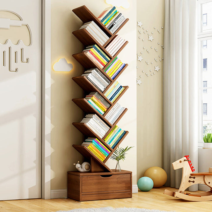 Tree Bookshelf with Drawer | Walnut or Natural, 6 to 12 Tiers