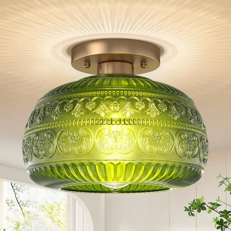 Oliver Carved Glass Oval Vintage Semi Flush Mount Ceiling Light