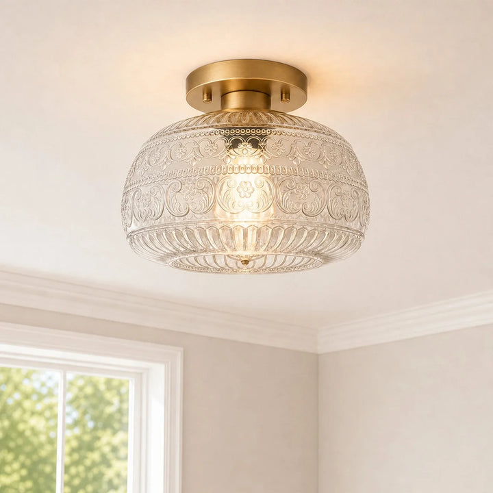 Oliver Carved Glass Oval Vintage Semi Flush Mount Ceiling Light