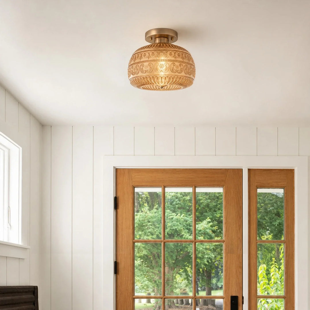 Oliver Carved Glass Oval Vintage Semi Flush Mount Ceiling Light