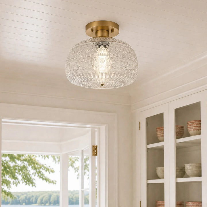 Oliver Carved Glass Oval Vintage Semi Flush Mount Ceiling Light